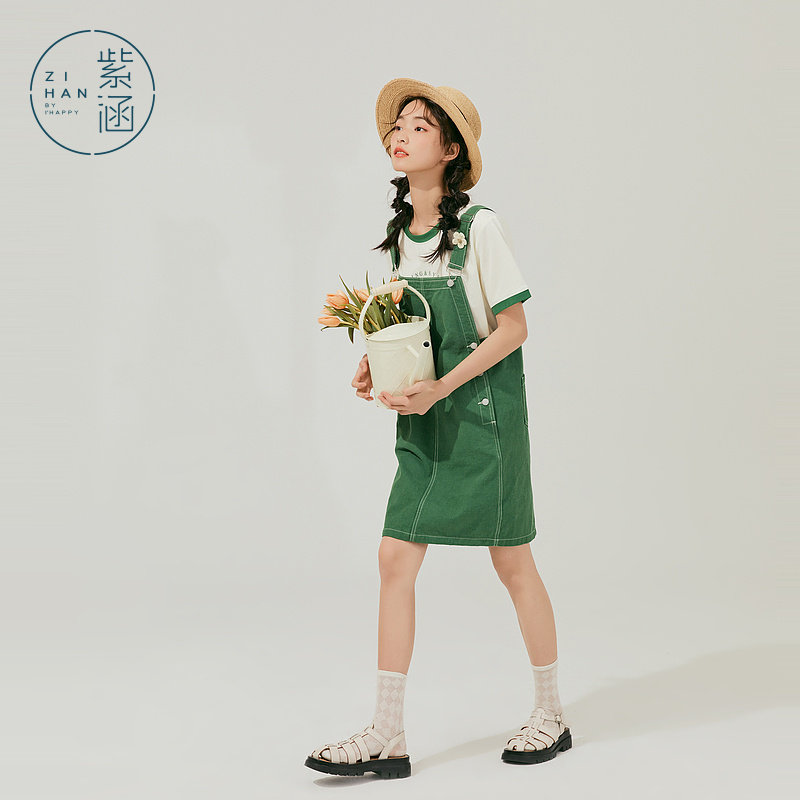 紫涵直筒休闲背带裤简约一步裙女夏季新款减龄学院连衣裙休闲百搭