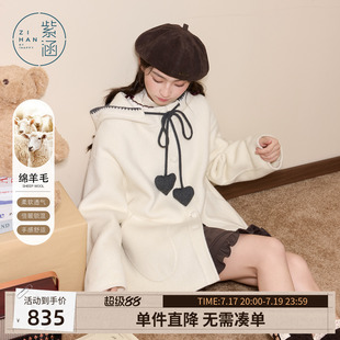 紫涵短款连帽羊毛双面呢大衣女士冬季新款撞色休闲帽绳宽松呢外套