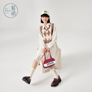 紫涵排扣衬衫连衣裙撞色菱格针织马甲两件套女2024年春季新款套装