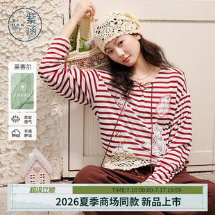 紫涵莱赛尔红白条纹长袖T恤女2026年夏季新款卡通印花v领系绳上衣