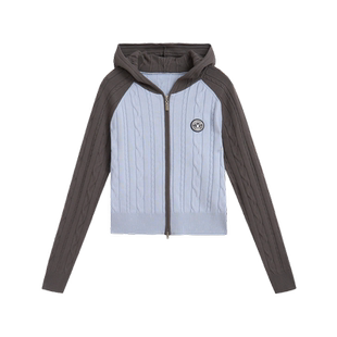 紫涵短款双拉链连帽针织开衫女秋季新款休闲修身撞色长袖毛衣外套