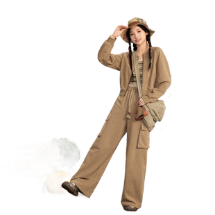 紫涵卡其色短款双拉链外套高腰通勤休闲工装裤两件套装女秋季新款