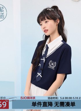 紫涵学院风polo衫短袖T恤女夏季新款撞色短款上衣配送蝴蝶结领带