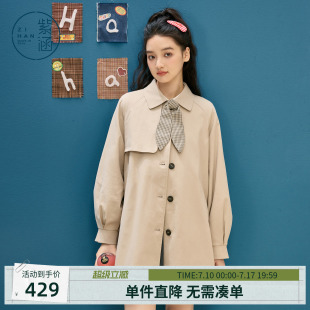 紫涵中长款卡其色风衣女2026年春季新款撞色格纹领结休闲翻领外套