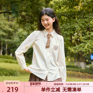 紫涵学院风米白长袖衬衫女秋季新款刺绣胸章内搭宽松休闲领带衬衣