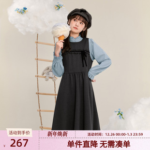 蝴蝶结甜美学院风叠穿中长款 新款 a字裙 背心连衣裙女冬季 紫涵无袖