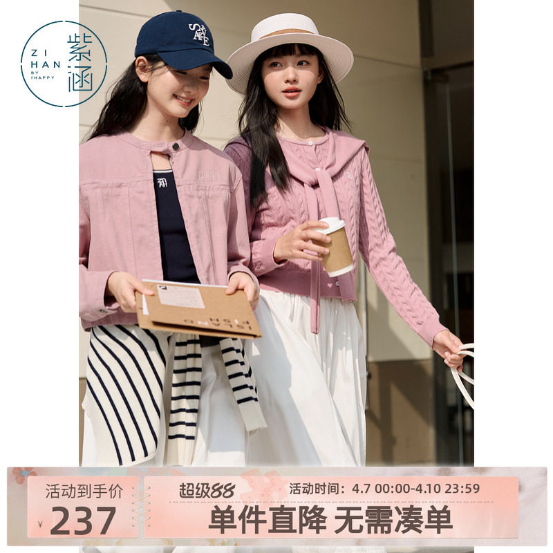 紫涵麻花圆领针织开衫女春秋季新款甜美修身显瘦内搭休闲刺绣毛衣