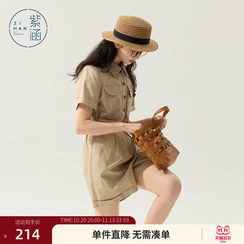 紫涵工装风卡其色牛仔连体短裤女夏季新款日系宽松卷边短袖一体裤