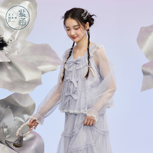 新款 女夏季 森系设计感休闲宽松衬衣仙女上衣 衬衫 紫涵网纱轻薄长袖