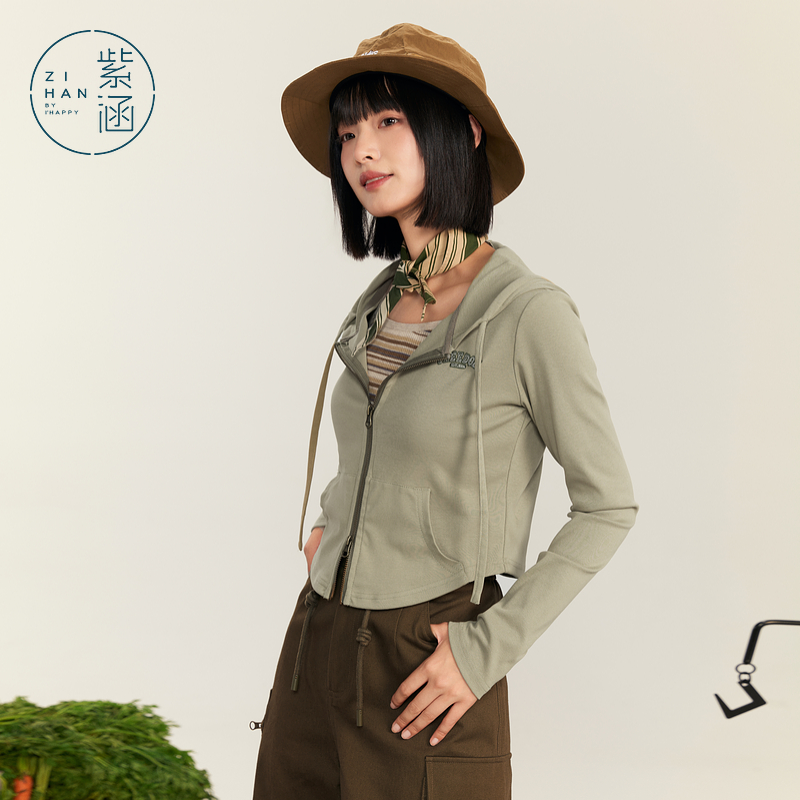 紫涵短款双拉链连帽外套女秋季新款通勤收腰修身休闲薄款开衫上衣
