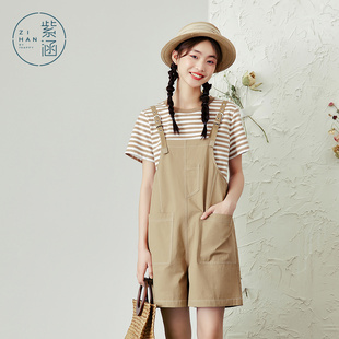 紫涵T恤背带裤套装夏季新款女条纹短袖上衣休闲短裤两件套百搭