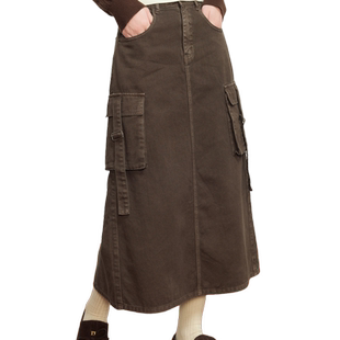 紫涵复古牛仔工装半身裙女秋季新款美拉德休闲高腰中长款a字裙子