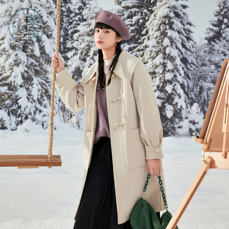 紫涵学院风翻领呢大衣冬季新款复古直筒中长款毛呢外套大口袋