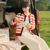 宽松显瘦休闲百搭针织外套 新款 紫涵撞色条纹圆领针织开衫 女春秋季