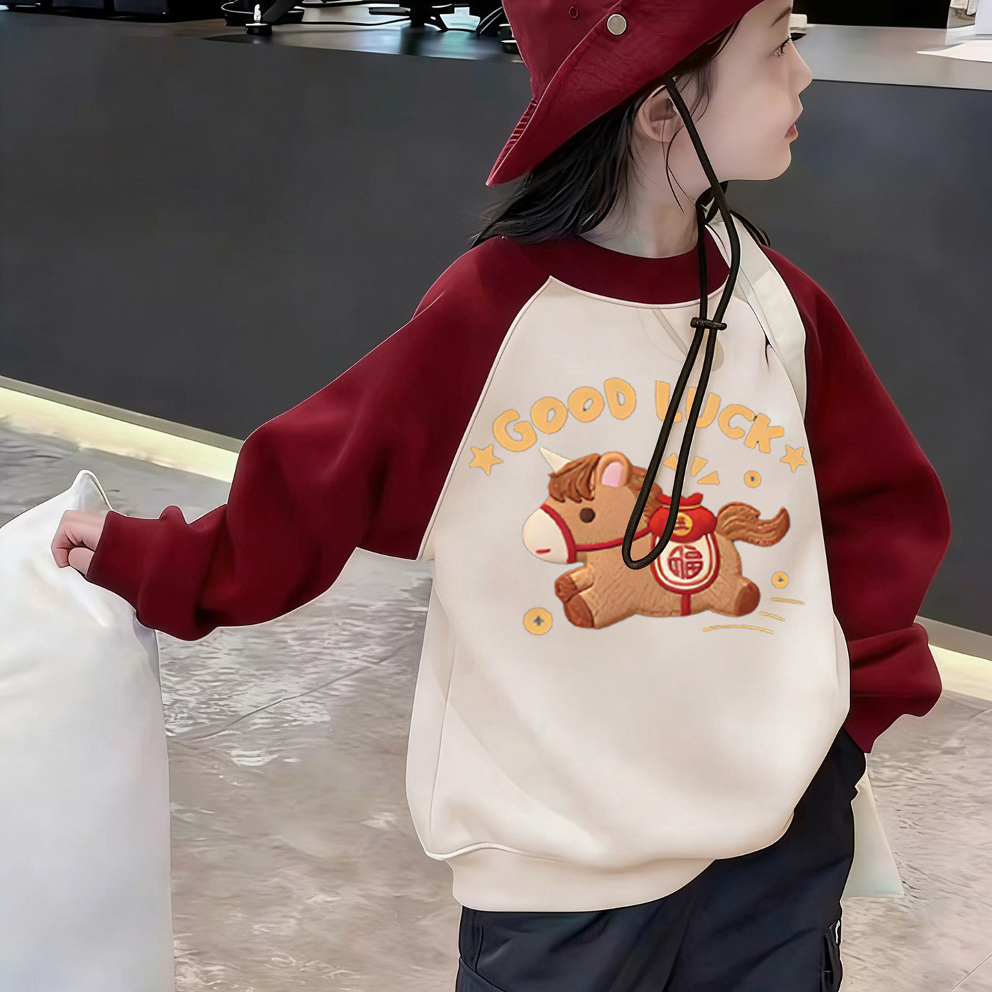 女童男童纯棉春节新年马年卫衣春秋冬儿童宝宝红色加绒过年服上衣