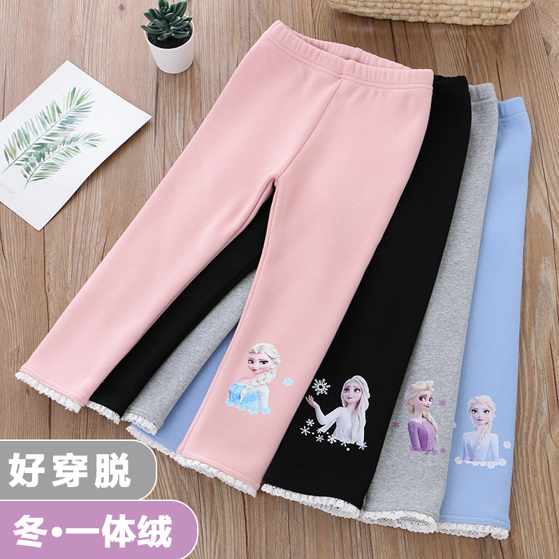 女童纯棉加绒一体绒冬季新款裤子宝宝童装女孩卡通公主外穿打底裤