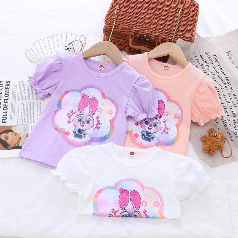 女童纯棉变色亮片短袖T恤25夏季新款儿童宝宝洋气泡泡袖半袖上衣