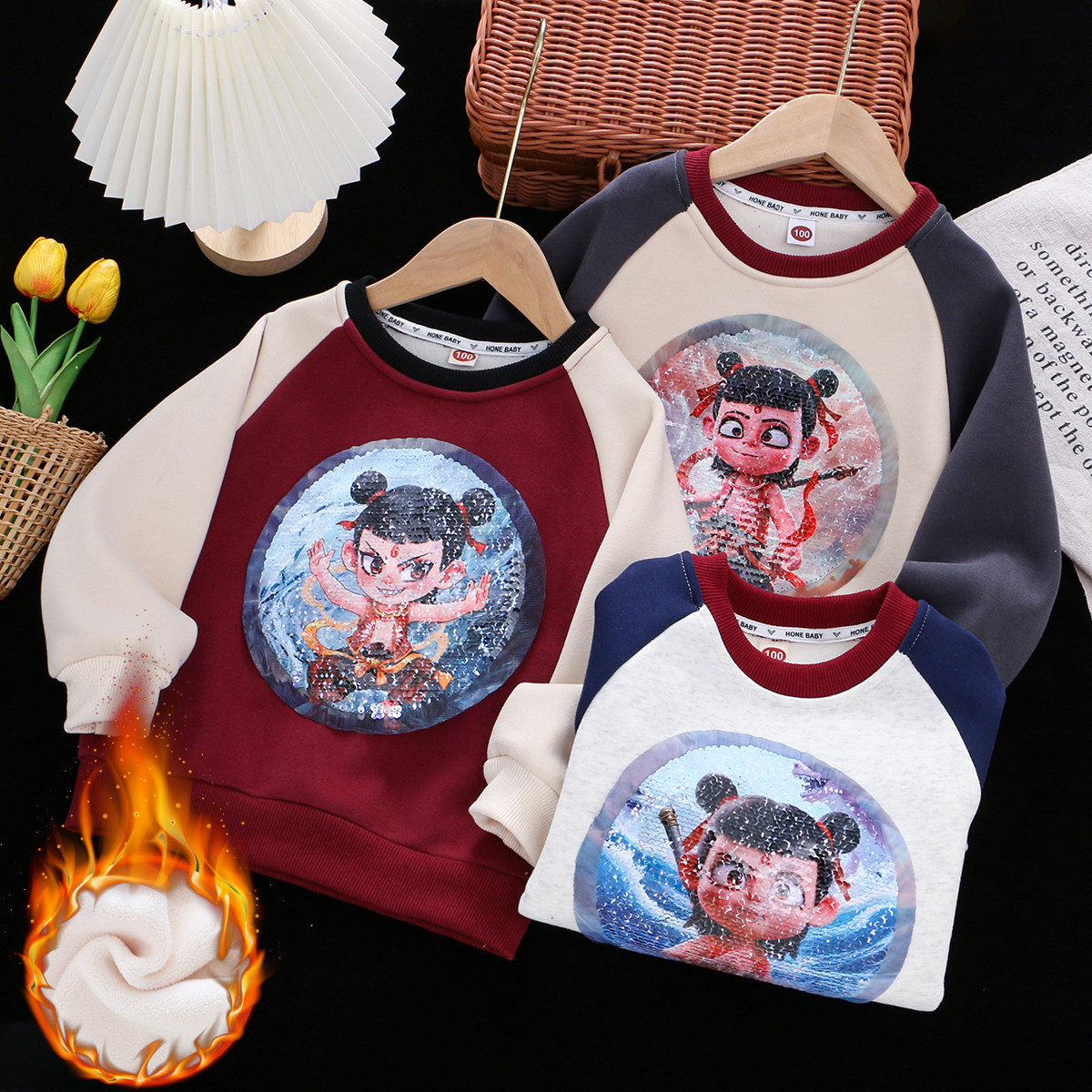 男童纯棉一体加绒变色亮片哪吒敖丙卫衣25冬儿童装小男孩加厚上衣