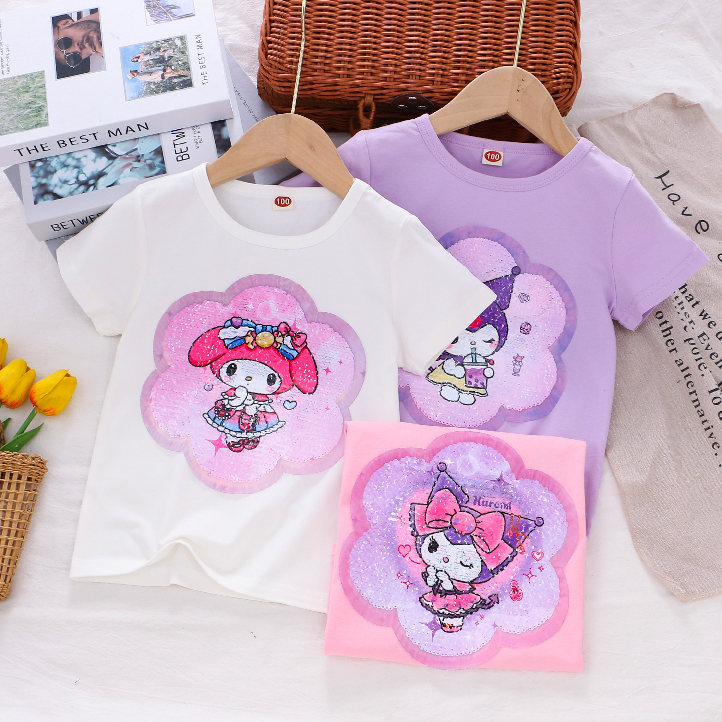 女童纯棉变色亮片短袖t恤 25夏款小女孩宝宝儿童装变脸薄半袖上衣