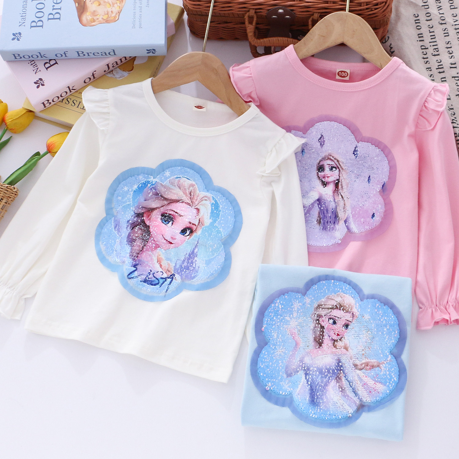 女童纯棉变色亮片长袖t恤 春秋款儿童装小女孩宝宝卡通上衣体恤衫