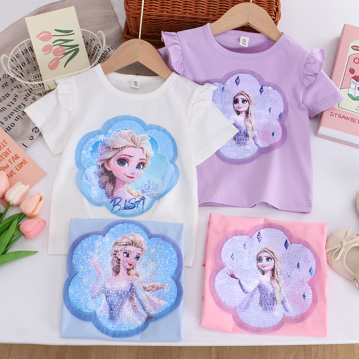 女童纯棉变色亮片短袖长袖T恤 春夏款儿童装女孩宝宝洋气卡通上衣