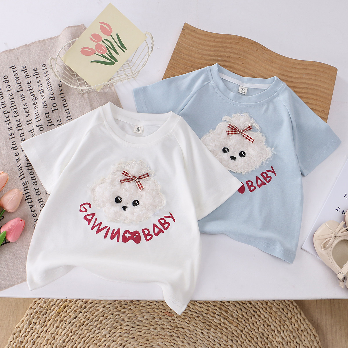 女童纯棉缝制小狗短袖t恤 26夏季童装小女孩女宝中小儿童半袖上衣