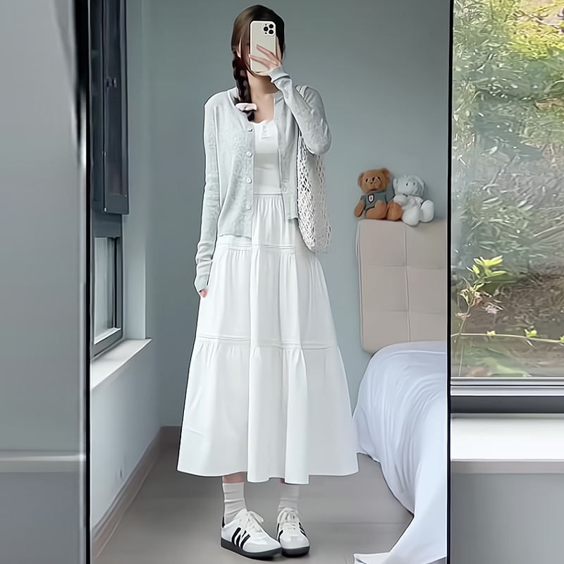 温柔风白色拼接蛋糕半身裙女2025春夏气质大摆伞裙纯色a字长裙子