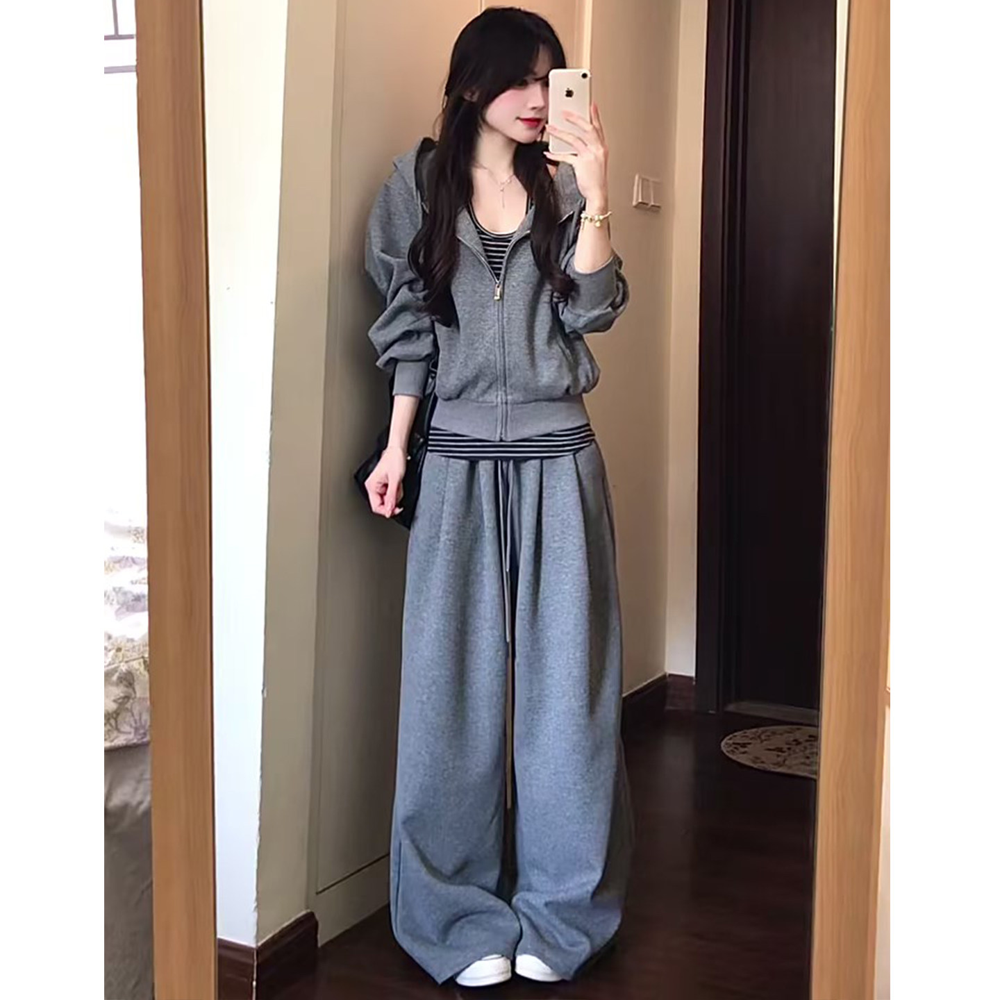 韩式松弛风浅灰色阔腿裤女2026秋季高腰抽绳宽松显瘦直筒休闲裤子图片
