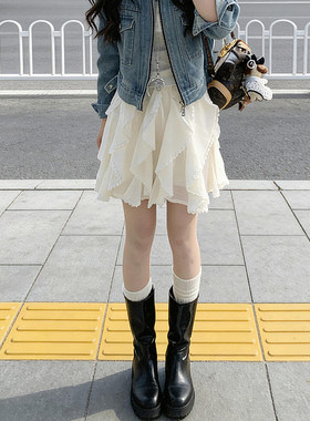 白色不规则蕾丝短裙女夏季新款高腰显瘦a字美式甜辣妹外穿半身裙