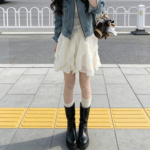 高腰显瘦a字美式 甜辣妹外穿半身裙 新款 白色不规则蕾丝短裙女夏季