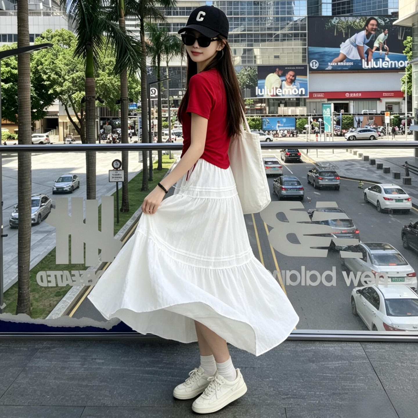 休闲风白色半身裙女新款高腰减龄气质大摆伞裙纯色a字拼接蛋糕裙