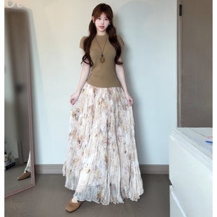 温柔风碎花褶皱半身裙女夏季2026新款高腰显瘦A字长裙宽松蛋糕裙
