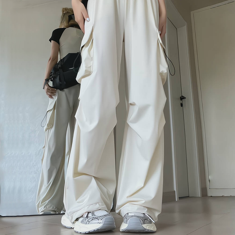 白色工装裤女当年夏季新款速干 干美式运动裤大口袋直筒宽松休闲