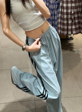 蓝色三杠速干运动休闲裤子女夏季2026年新款高腰显瘦直筒阔腿裤子