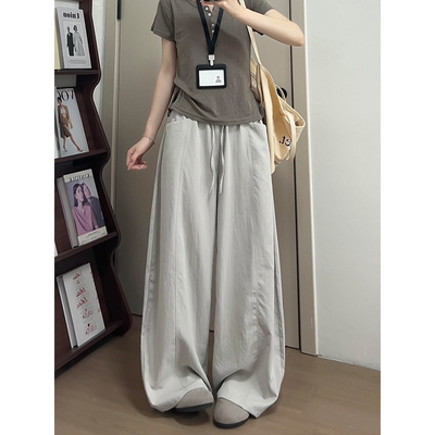 灰色韩系冰丝休闲裤子女2026年夏季新款高腰显瘦抽绳松弛感阔腿裤
