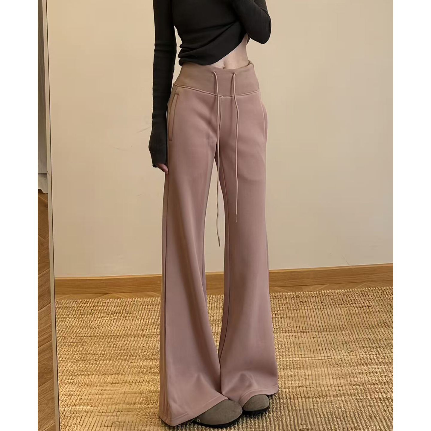 粉色高腰垂感微喇裤女秋季2025新款休闲高腰显瘦小个子喇叭长裤子