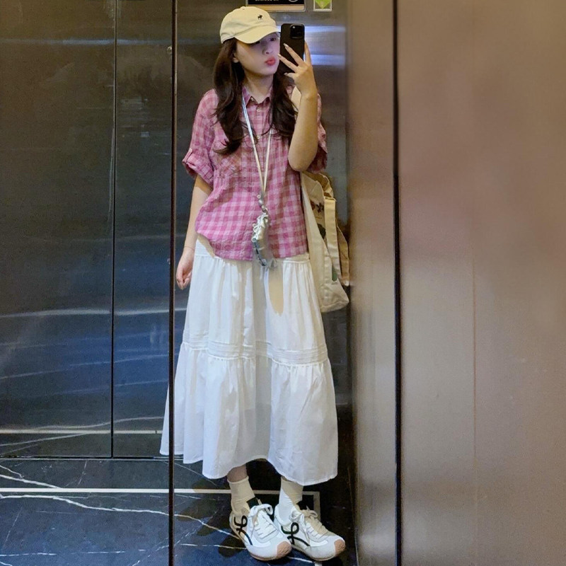 温柔风白色半身裙女新款高腰减龄气质大摆伞裙纯色a字拼接蛋糕裙