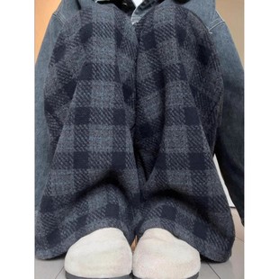 蓝灰色毛呢格子裤女秋冬季2025新款垂感宽松复古格纹加绒阔腿裤子