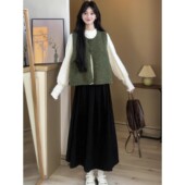 复古气质文艺风黑色A字半身长裙女秋季 2025新款 针织高腰显瘦裙子