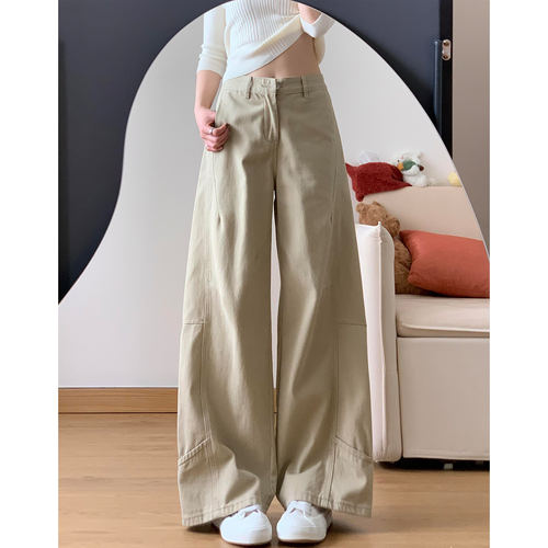 卡其色复古休闲裤女春季2026年新款高腰宽松显瘦小个子弯刀牛仔裤