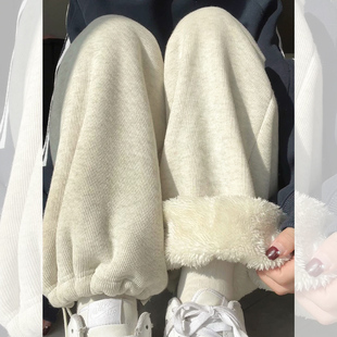 女束脚阔腿休闲显瘦加厚卫裤 秋冬加绒裤 子女2025白色羊羔绒运动裤