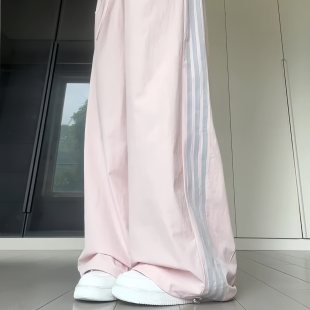 2026年新款夏季运动速干裤子女高腰显瘦直筒条纹阔腿裤抽绳休闲裤