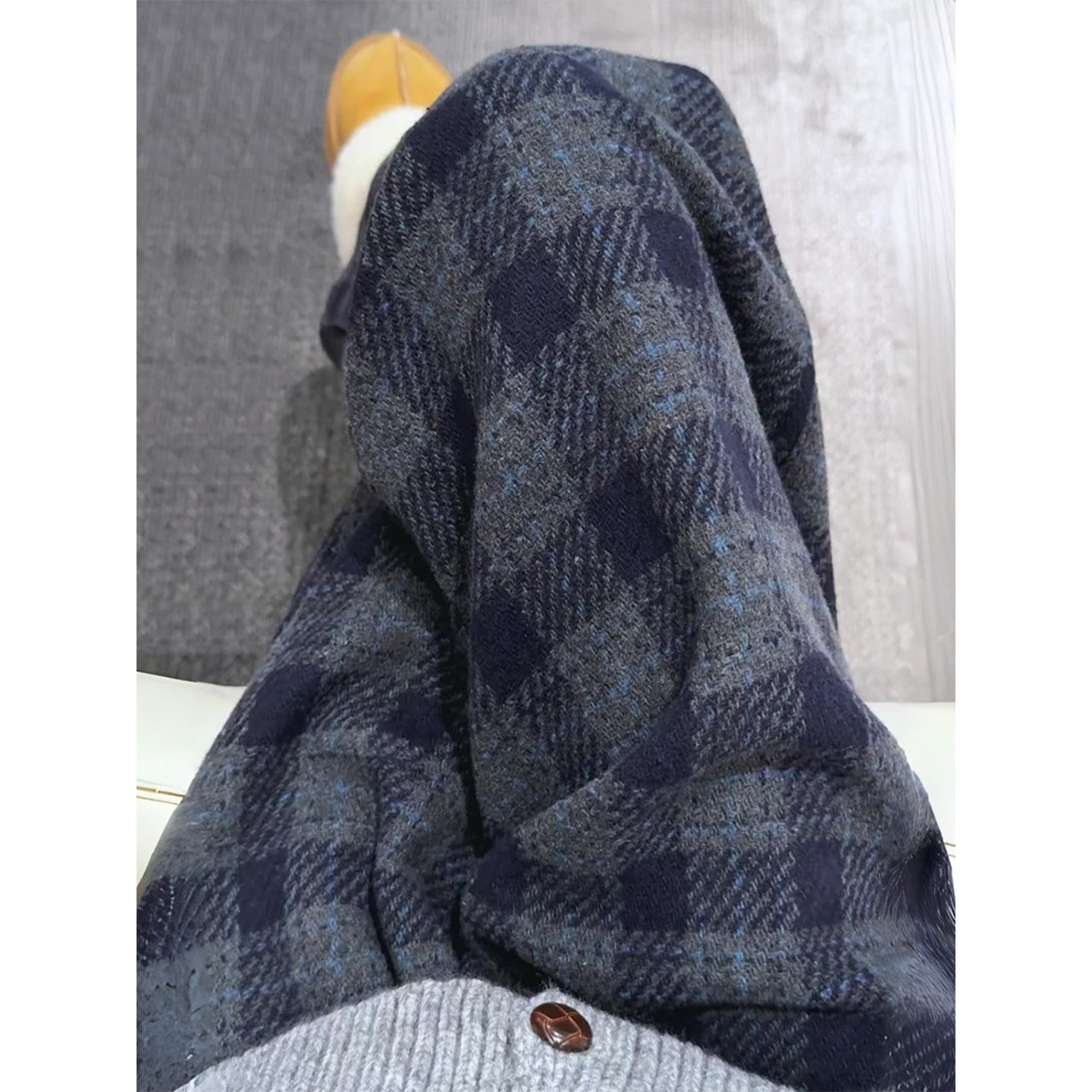 秋冬季加绒毛呢格子裤休闲宽松