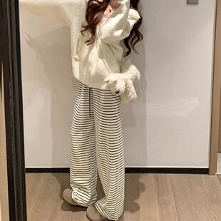 高腰显瘦垂感慵懒风休闲加绒阔腿裤 黑白条纹毛巾裤 女秋冬2025新款