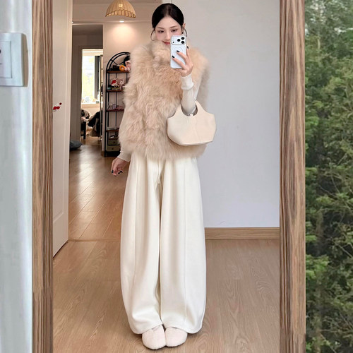 白色加绒弯刀阔腿裤女冬季2025新款高腰显瘦宽松垂坠感加厚休闲裤