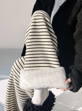 羊羔绒黑白条纹加绒阔腿裤女秋冬2025新款高腰显瘦垂感慵懒毛巾裤