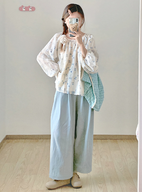 蓝色奶芙裤女2025年夏季薄款裤子新款萝卜裤休闲日系慵懒风镰刀裤