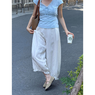 米白色天丝亚麻灯笼裤女夏2026新款小个子气球花边阔腿九分花苞裤