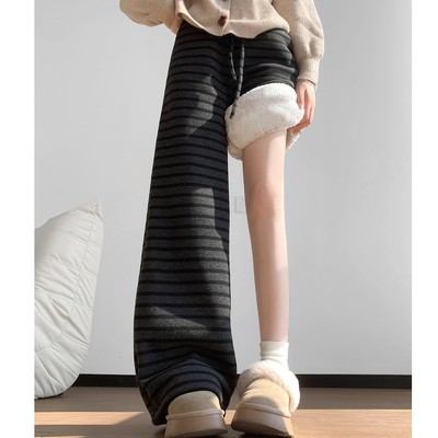 慵懒风加绒条纹阔腿裤女秋冬2025新款高腰显瘦宽松垂感直筒休闲裤