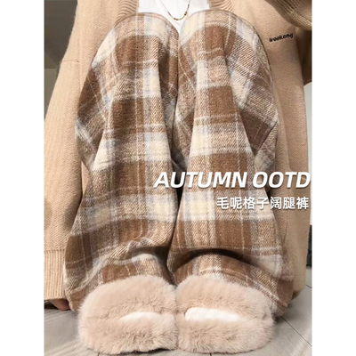 复古慵懒宽松毛呢加绒加厚格子裤